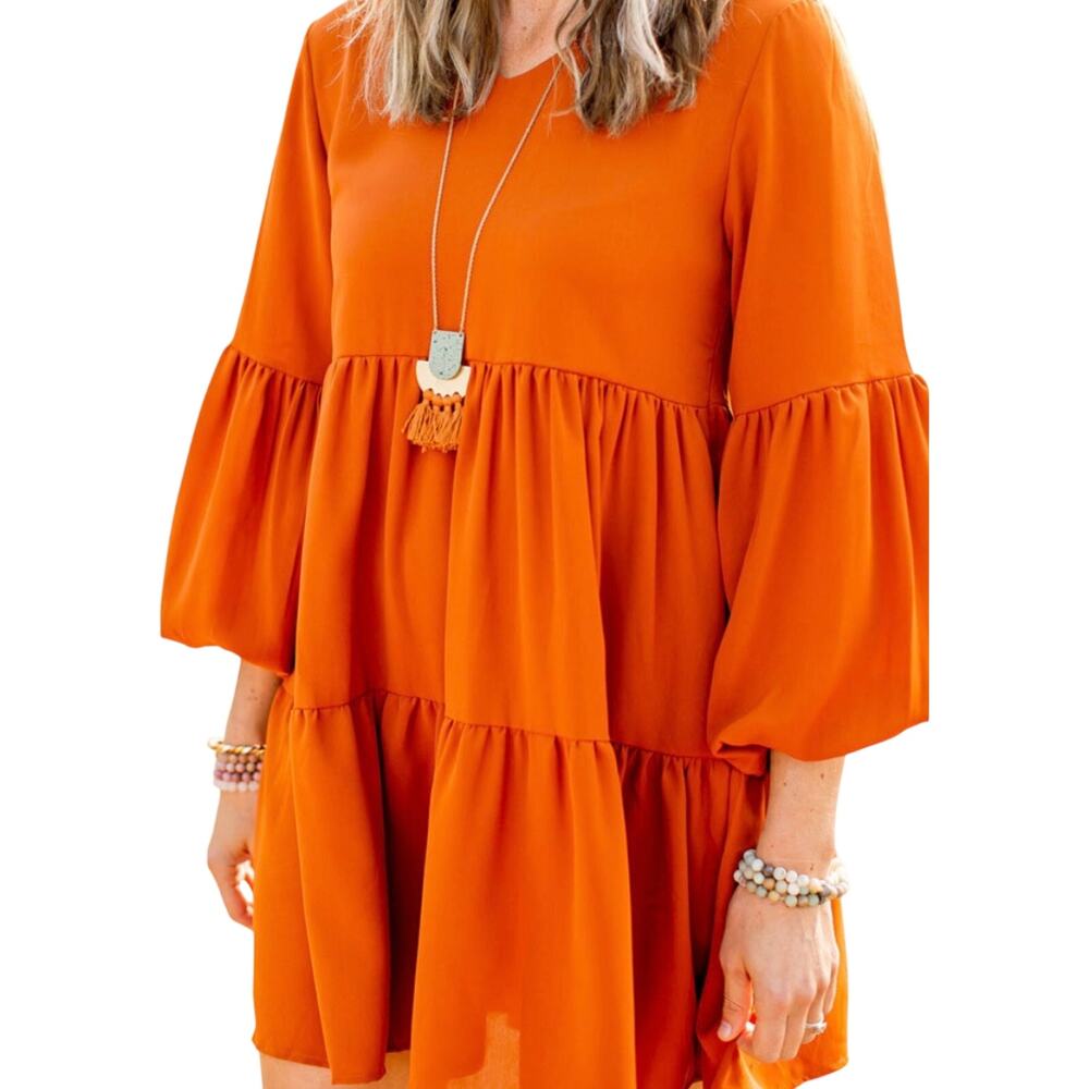 Vibrant, orange tiered, mini puff sleeves, baby doll, ruffle skirt, size Small